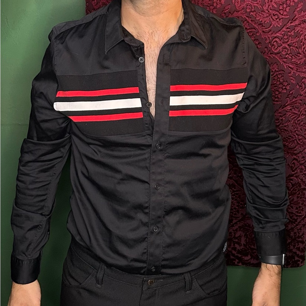 Guess Men's Black Shirt with Red and White Accents